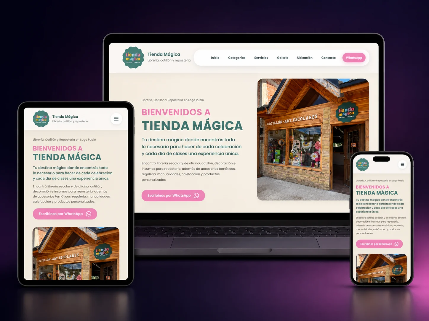 Mockup responsive del sitio Tienda M&aacute;gica en computadora, tablet y celular